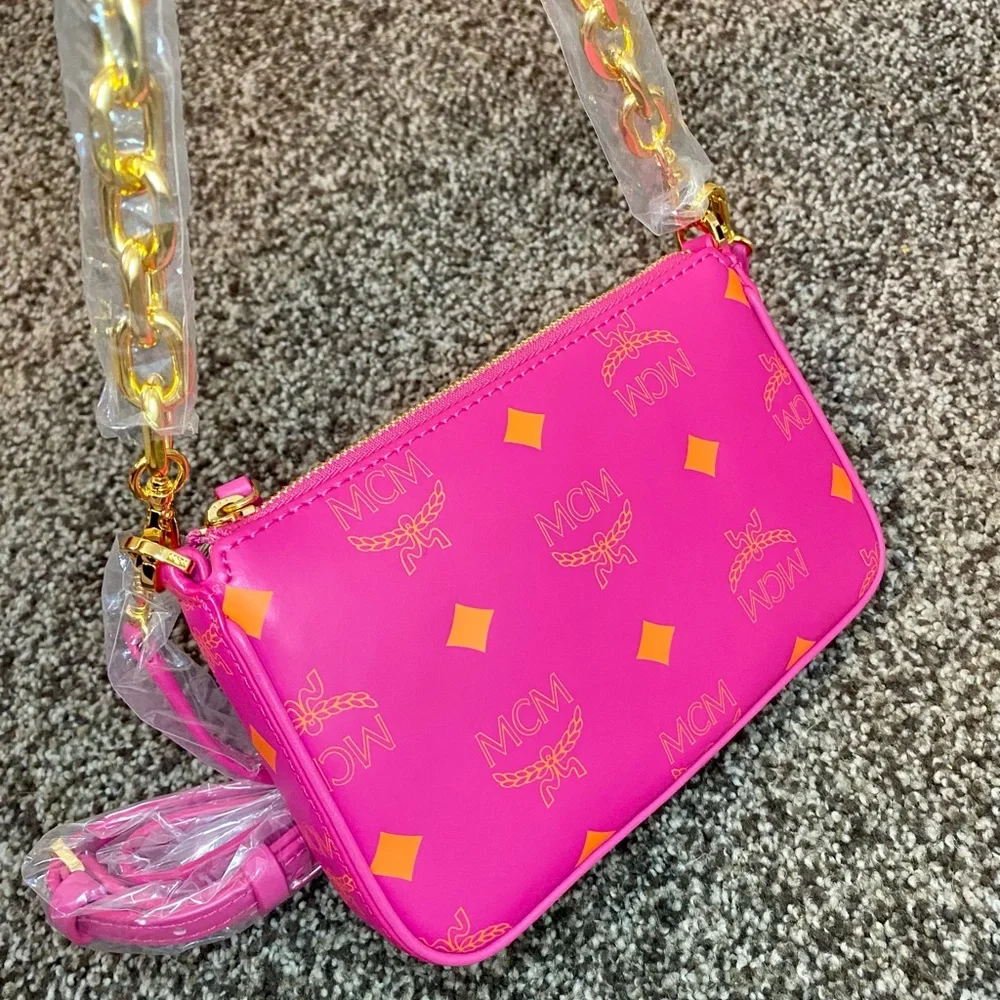 NWT MCM Fuchsia Pink Mini Color Splash Logo Leather Shoulder Bag - Picture 8 of 13